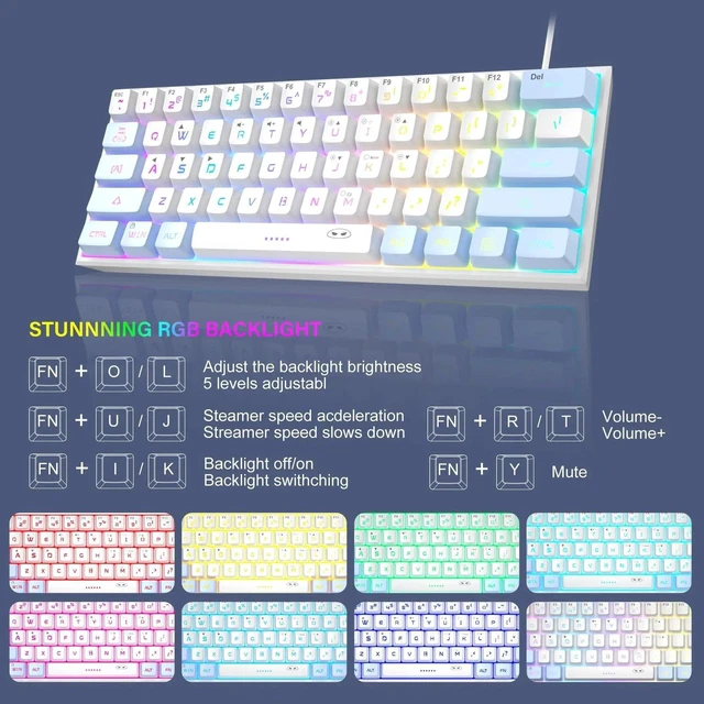 Alt view image 6 of 7 - MageGee TS91 60% Mini Gaming Keyboard, RGB Backlit 61-Key Ultra-Compact Membrane Keyboard, Mechanical Feeling, Waterproof, Ergonomic for PC Mac PS4 Xbox One - Blue White
