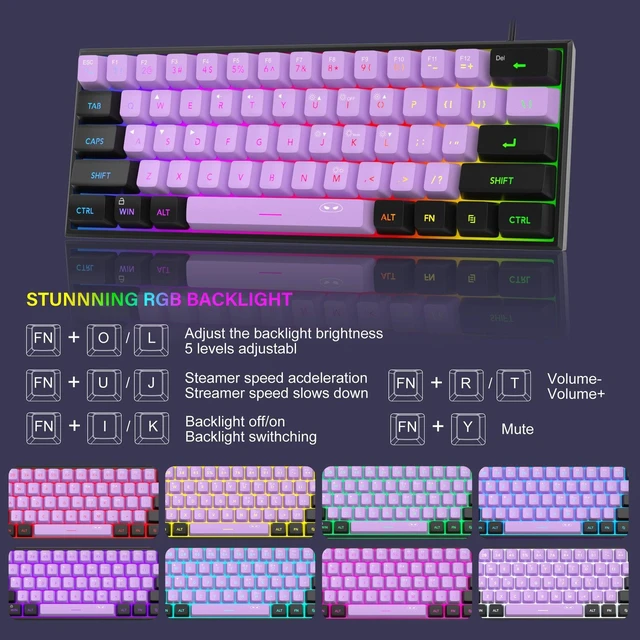 Alt view image 4 of 7 - MageGee TS91 60% Mini Gaming Keyboard, RGB Backlit 61-Key Ultra-Compact Membrane Keyboard, Mechanical Feeling, Waterproof, Ergonomic for PC Mac PS4 Xbox One - Blackcurrant