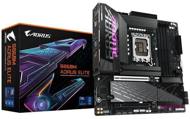 Main image of GIGABYTE B860M AORUS ELITE Intel Core Ultra (Series 2) LGA 1851 Motherboard, mATX, DDR5, 3x M.2, PCIe 5.0, USB-C, 2.5GbE LAN, EZ-Latch