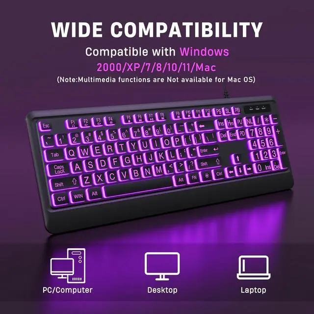 Alt view image 4 of 7 - Large Print Keyboard - 7 Interchangeable Backlight Colors, Light Up USB Wired Computer Keyboards, USB Plug-and-Play, Foldable Stands, Corded Full Size Keyboard for Windows, PC, Laptop