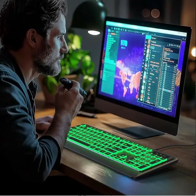 Alt view image 6 of 7 - Large Print Keyboard - 7 Interchangeable Backlight Colors, Light Up USB Wired Computer Keyboards, USB Plug-and-Play, Foldable Stands, Corded Full Size Keyboard for Windows, PC, Laptop
