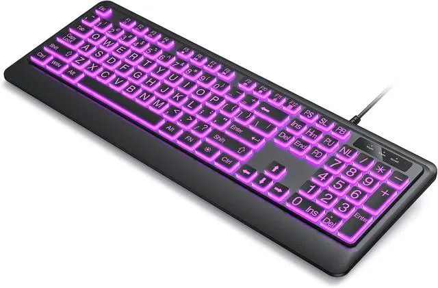 Alt view image 7 of 7 - Large Print Keyboard - 7 Interchangeable Backlight Colors, Light Up USB Wired Computer Keyboards, USB Plug-and-Play, Foldable Stands, Corded Full Size Keyboard for Windows, PC, Laptop