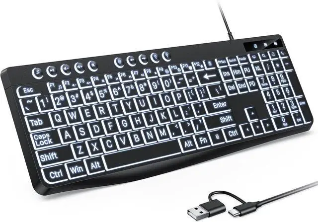Main image of OMOTON Large Print Backlit Keyboard with Type-C and USB A Dual Interface, Wired Computer Keyboard Oversize Font Key with White Backlight Easier to See and Type, Full Size for Windows, PC, Laptop