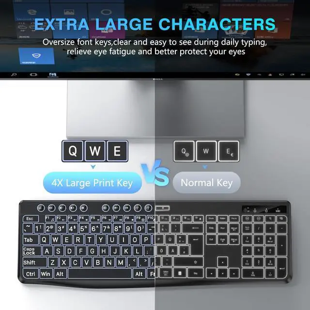 Alt view image 2 of 7 - OMOTON Large Print Backlit Keyboard with Type-C and USB A Dual Interface, Wired Computer Keyboard Oversize Font Key with White Backlight Easier to See and Type, Full Size for Windows, PC, Laptop