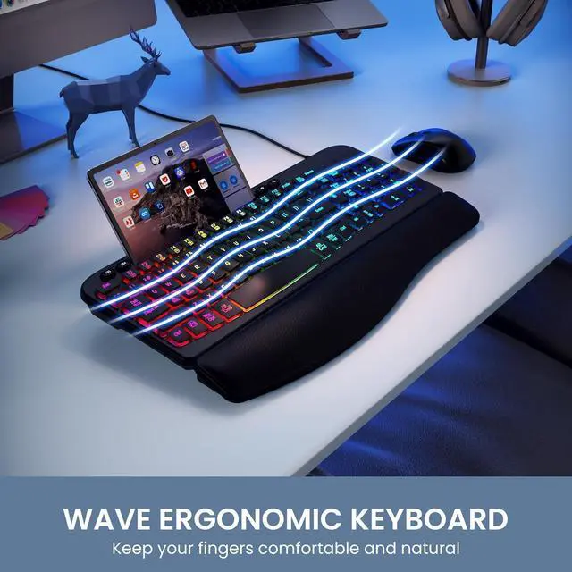 Alt view image 2 of 7 - VEILZOR Ergonomic Backlit Keyboard with Wrist Rest, 7 Colors USB Wired Computer Keyboard, Wave Keys, with Phone/Tablet Holder, Comfortable Lighted Keyboard for PC, Windows and Mac