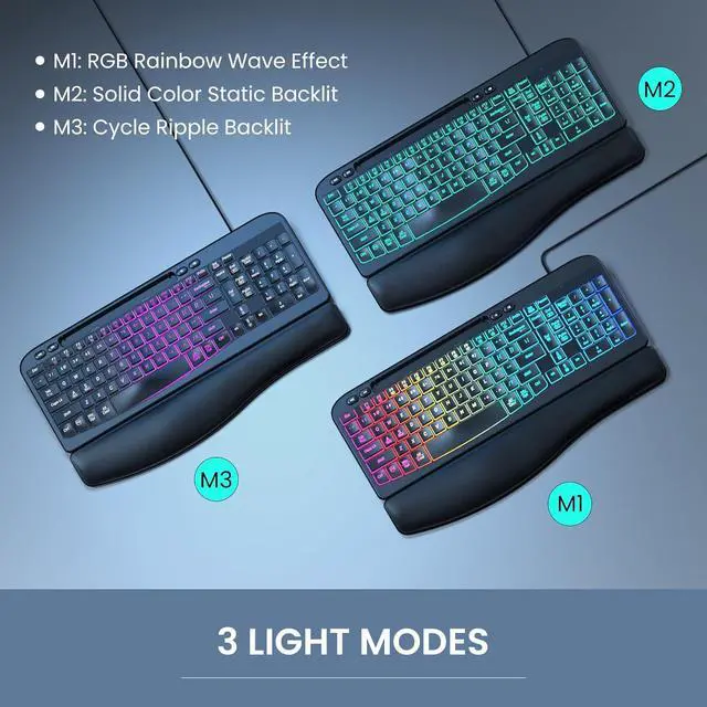 Alt view image 4 of 7 - VEILZOR Ergonomic Backlit Keyboard with Wrist Rest, 7 Colors USB Wired Computer Keyboard, Wave Keys, with Phone/Tablet Holder, Comfortable Lighted Keyboard for PC, Windows and Mac