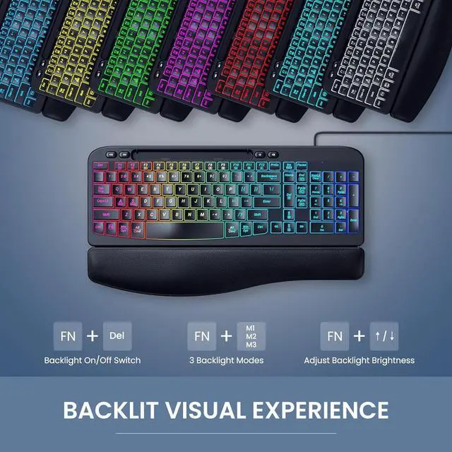Alt view image 5 of 7 - VEILZOR Ergonomic Backlit Keyboard with Wrist Rest, 7 Colors USB Wired Computer Keyboard, Wave Keys, with Phone/Tablet Holder, Comfortable Lighted Keyboard for PC, Windows and Mac