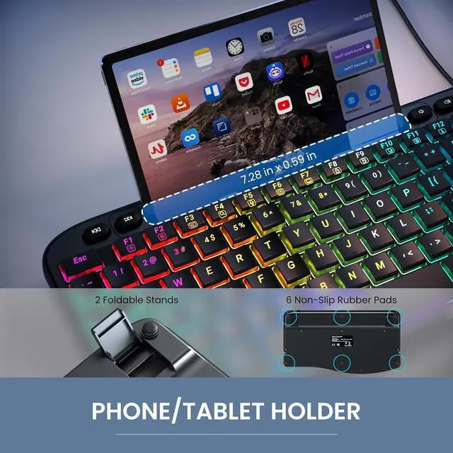 Alt view image 6 of 7 - VEILZOR Ergonomic Backlit Keyboard with Wrist Rest, 7 Colors USB Wired Computer Keyboard, Wave Keys, with Phone/Tablet Holder, Comfortable Lighted Keyboard for PC, Windows and Mac
