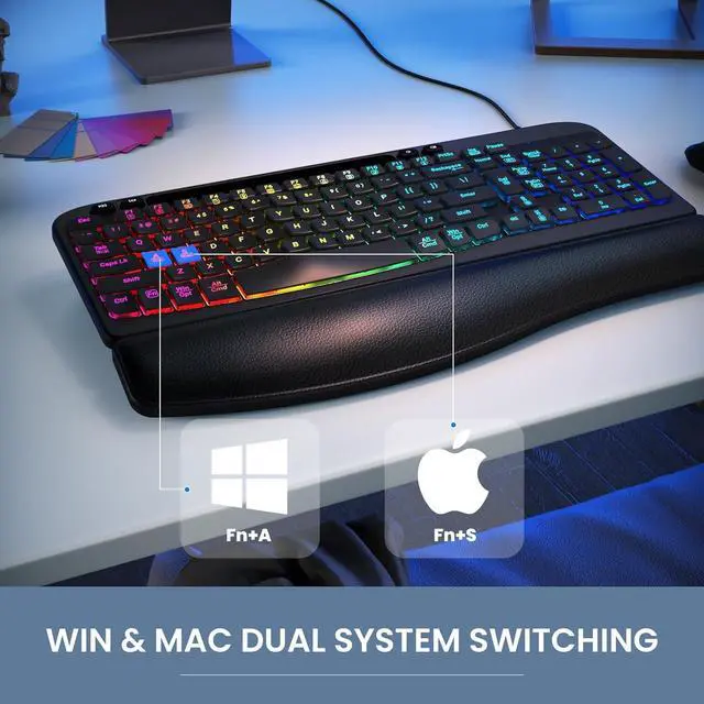 Alt view image 7 of 7 - VEILZOR Ergonomic Backlit Keyboard with Wrist Rest, 7 Colors USB Wired Computer Keyboard, Wave Keys, with Phone/Tablet Holder, Comfortable Lighted Keyboard for PC, Windows and Mac