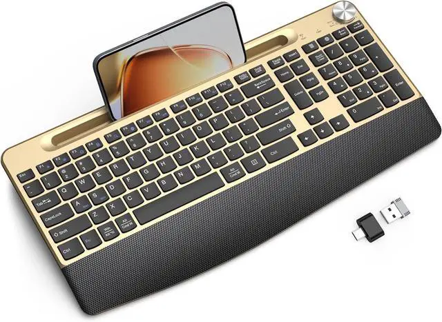 Main image of JOYACCESS Ergonomic Wireless Keyboard with Wrist Rest, Phone/Tablet Holder,Windows & Mac OS, 2.4 GHz Wireless, Full-Size,Quiet Keyboard Compatible for Laptop,PC, Mac, Windows -Black Glod
