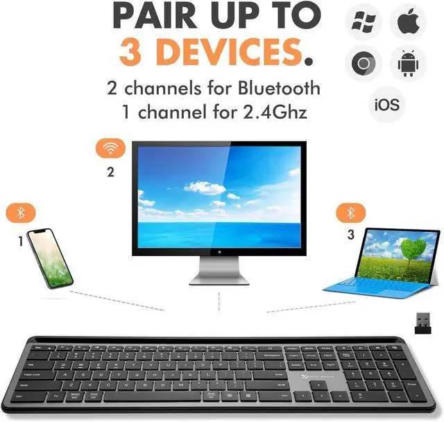 Alt view image 3 of 7 - X9 Full Size Bluetooth Keyboard with Phone Holder - Backlit Wireless Keyboard, Switch Multi Device, Quiet, Slim, Rechargeable, w/Copilot for iPhone, Tablet, PC, Mac, iPad, MacBook, iOS, Android - Gray
