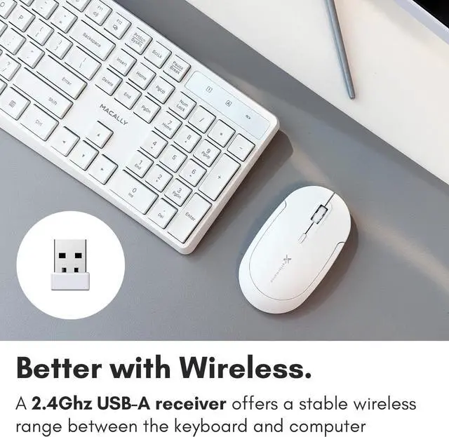 Alt view image 3 of 7 - Macally Wireless Keyboard, 2.4G Wireless White Keyboard - Ergonomic Full Size Computer Keyboard with Numeric Keypad for Laptop, Desktop, Surface, Chromebook, Notebook