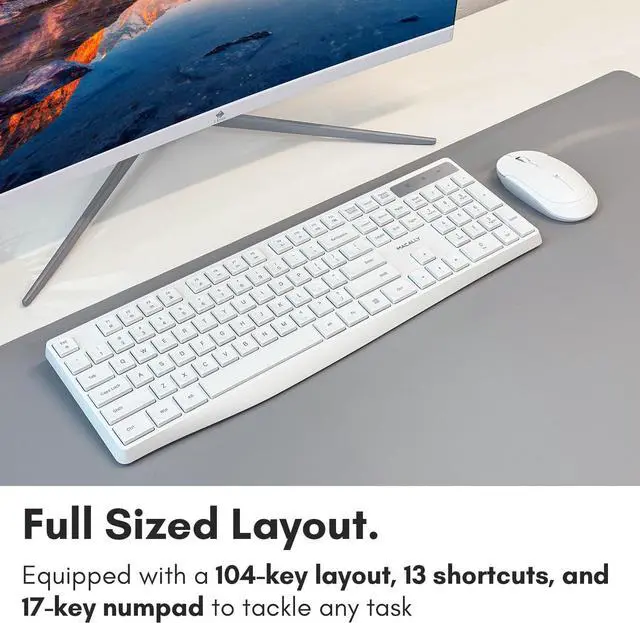 Alt view image 4 of 7 - Macally Wireless Keyboard, 2.4G Wireless White Keyboard - Ergonomic Full Size Computer Keyboard with Numeric Keypad for Laptop, Desktop, Surface, Chromebook, Notebook