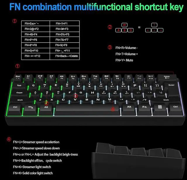 Alt view image 5 of 7 - Wired RGB Gaming Membrance Keyboard. 60 Percent Mini Creamy LED Computer Keyboard .Small Ergonomic Clicky Teclado with ABS Backlit Unreplaceable Keycaps. (White Case + Grey Keycaps)