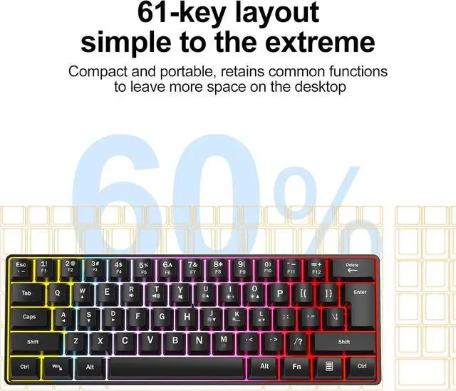 Alt view image 6 of 7 - Wired RGB Gaming Membrance Keyboard. 60 Percent Mini Creamy LED Computer Keyboard .Small Ergonomic Clicky Teclado with ABS Backlit Unreplaceable Keycaps. (White Case + Grey Keycaps)