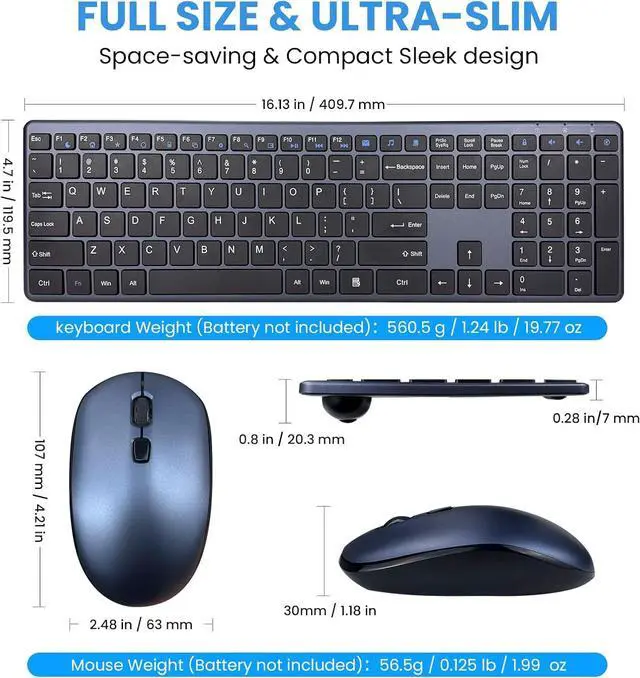 Alt view image 4 of 7 - Wireless Keyboard and Mouse Combo,2.4G USB Ultra Slim Quiet Full Size Matte PC Computer Keyboard & Mice,3 DPI,19 Multimedia Key,Lag-Free Ergo,Long Battery Life for Desktop,Laptop,Smart TV,MAC,Windows