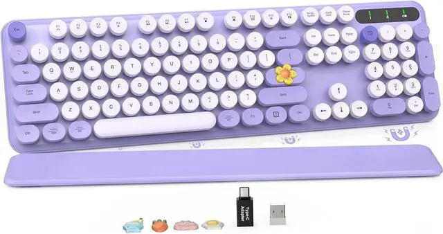 Main image of Wireless Keyboard, Round Keycaps, Retro Typewriter Keyboard with Detachable Wrist Rest, Sleep Mode, Foldable Legs, 2.4GHz Full-size Cordless Computer Keyboard for Windows/PC/Laptop (Colorful-Purple)
