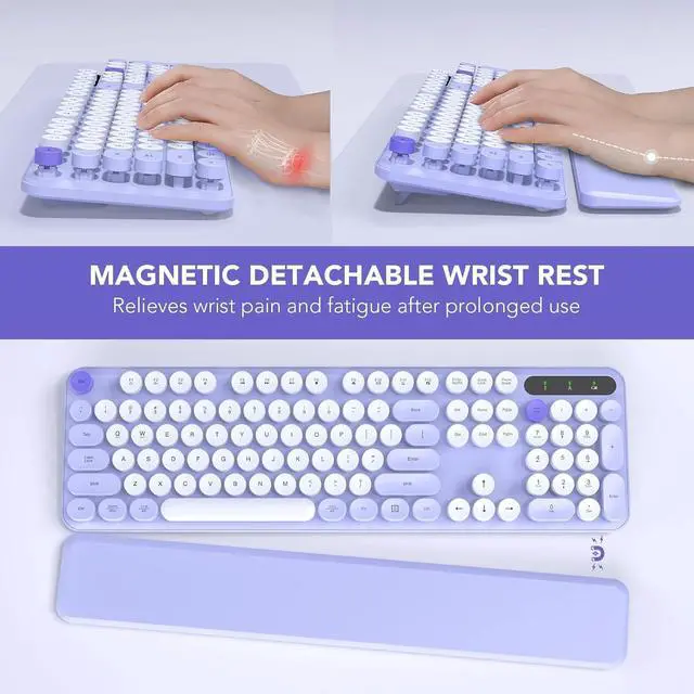 Alt view image 2 of 7 - Wireless Keyboard, Round Keycaps, Retro Typewriter Keyboard with Detachable Wrist Rest, Sleep Mode, Foldable Legs, 2.4GHz Full-size Cordless Computer Keyboard for Windows/PC/Laptop (Colorful-Purple)
