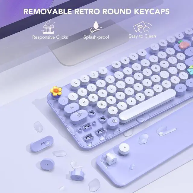 Alt view image 4 of 7 - Wireless Keyboard, Round Keycaps, Retro Typewriter Keyboard with Detachable Wrist Rest, Sleep Mode, Foldable Legs, 2.4GHz Full-size Cordless Computer Keyboard for Windows/PC/Laptop (Colorful-Purple)