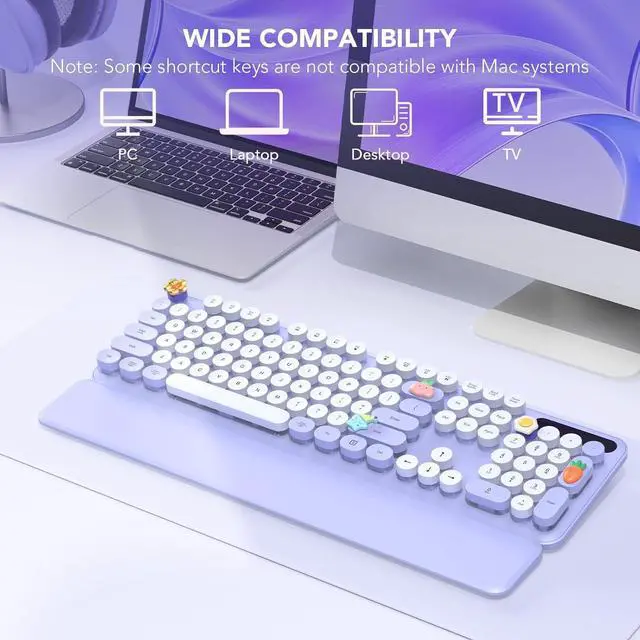 Alt view image 7 of 7 - Wireless Keyboard, Round Keycaps, Retro Typewriter Keyboard with Detachable Wrist Rest, Sleep Mode, Foldable Legs, 2.4GHz Full-size Cordless Computer Keyboard for Windows/PC/Laptop (Colorful-Purple)