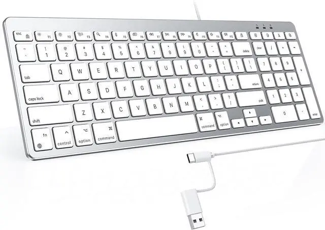 Main image of OMOTON Wired Keyboard Compatible with Mac, with Dual Interface (USB and Type-C), Numeric Keypad Compatible with MacBook Pro/Air, iMac, Mac mini/Pro Laptop, Silver