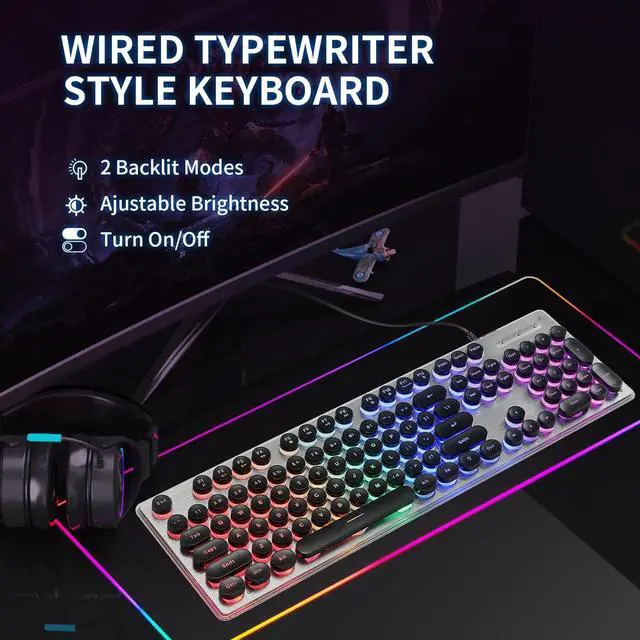Alt view image 2 of 7 - Typewriter Style Keyboard with Metal Panel, Rainbow LED Backlit, Round Keys, Anti-ghosting, Spill Resistant, Light Up USB Wired Retro 104 Keys for Office,Gaming, Black/Silver