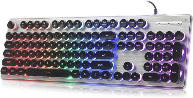 Main image of Typewriter Style Keyboard with Metal Panel, Rainbow LED Backlit, Round Keys, Anti-ghosting, Spill Resistant, Light Up USB Wired Retro 104 Keys for Office,Gaming, Black/Silver