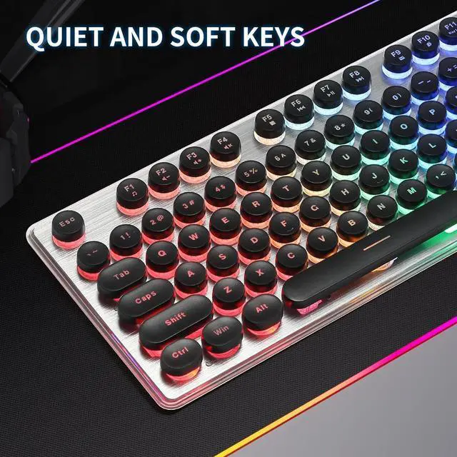 Alt view image 6 of 7 - Typewriter Style Keyboard with Metal Panel, Rainbow LED Backlit, Round Keys, Anti-ghosting, Spill Resistant, Light Up USB Wired Retro 104 Keys for Office,Gaming, Black/Silver