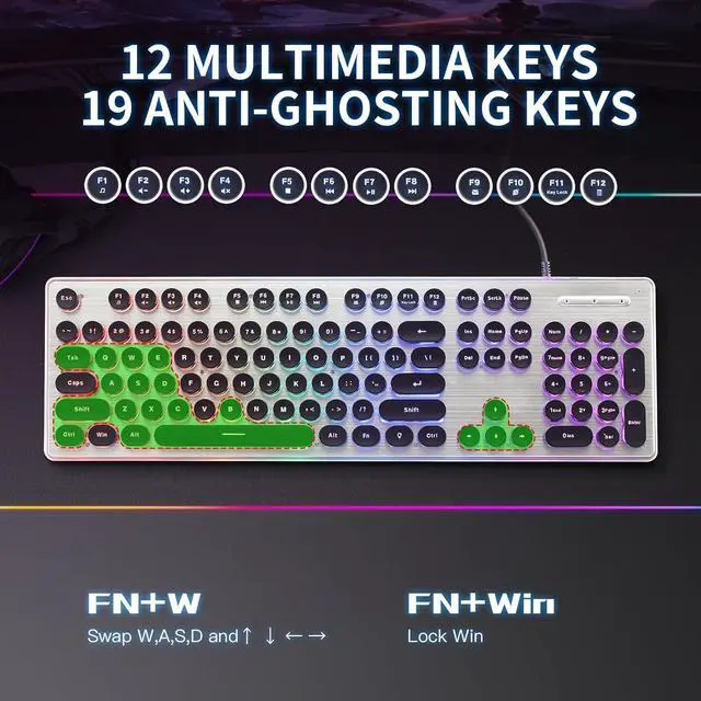 Alt view image 5 of 7 - Typewriter Style Keyboard with Metal Panel, Rainbow LED Backlit, Round Keys, Anti-ghosting, Spill Resistant, Light Up USB Wired Retro 104 Keys for Office,Gaming, Black/Silver