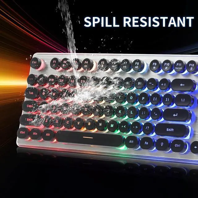 Alt view image 7 of 7 - Typewriter Style Keyboard with Metal Panel, Rainbow LED Backlit, Round Keys, Anti-ghosting, Spill Resistant, Light Up USB Wired Retro 104 Keys for Office,Gaming, Black/Silver