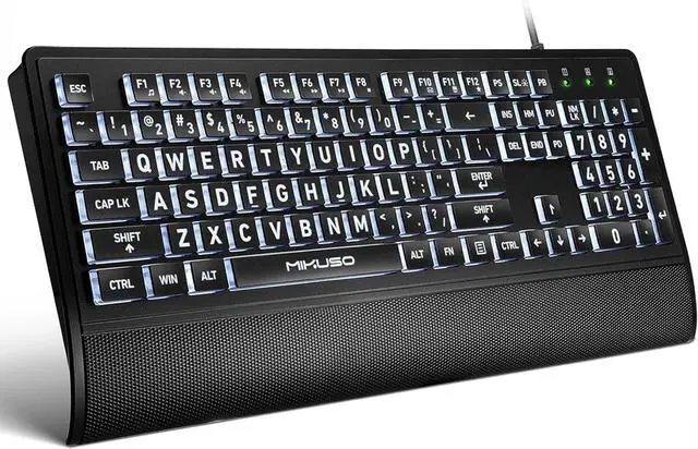 Main image of Large Print Backlit Computer Keyboards with Cover, Wired Keyboard White LED Illuminated, Wrist Rest,Numeric Keypad,Big Key USB Corded 104 Full Size.Easy to Read Type for Laptop, PC, Desktop