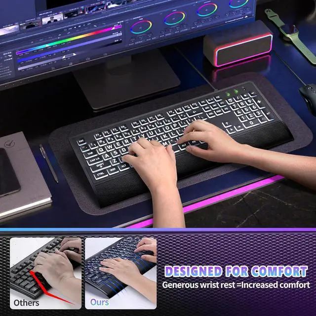 Alt view image 3 of 7 - Large Print Backlit Computer Keyboards with Cover, Wired Keyboard White LED Illuminated, Wrist Rest,Numeric Keypad,Big Key USB Corded 104 Full Size.Easy to Read Type for Laptop, PC, Desktop