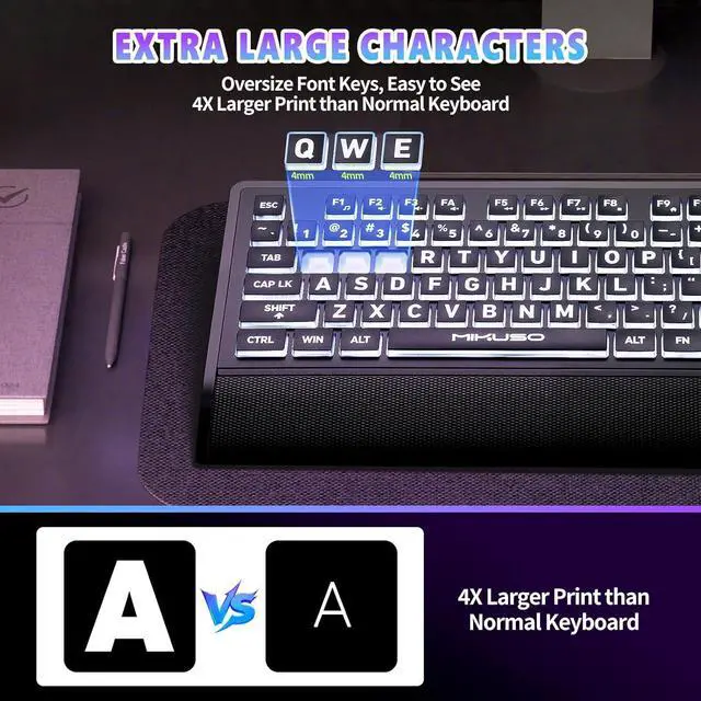 Alt view image 2 of 7 - Large Print Backlit Computer Keyboards with Cover, Wired Keyboard White LED Illuminated, Wrist Rest,Numeric Keypad,Big Key USB Corded 104 Full Size.Easy to Read Type for Laptop, PC, Desktop