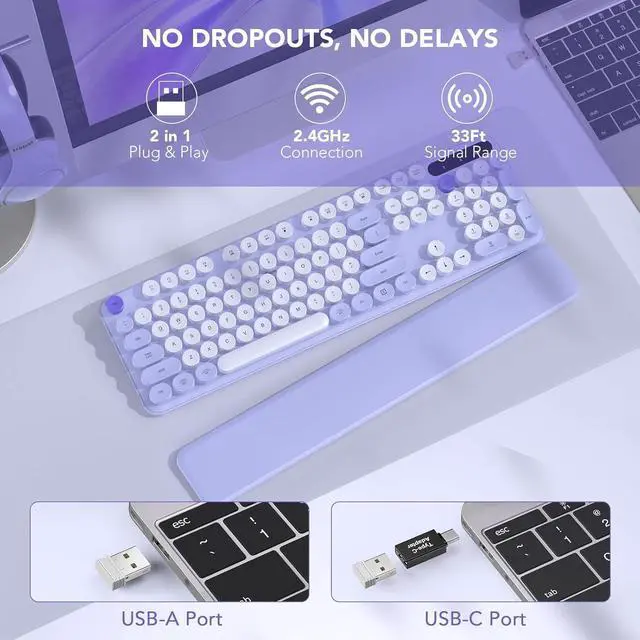 Alt view image 6 of 7 - Wireless Keyboard, Round Keycaps, Retro Typewriter Keyboard with Detachable Wrist Rest, Sleep Mode, Foldable Legs, 2.4GHz Full-size Cordless Computer Keyboard for Windows/PC/Laptop (Colorful-Purple)