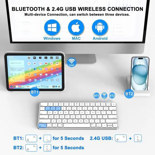 Alt view image 2 of 7 - Wireless Keyboard for Mac, Bluetooth/2.4G USB Dual-Channel Connection, Multi Device, Mini Size, Rechargeable Bluetooth Keyboard for Mac Compatible with iMac, iPad, iPhone, MacBook Air/Pro