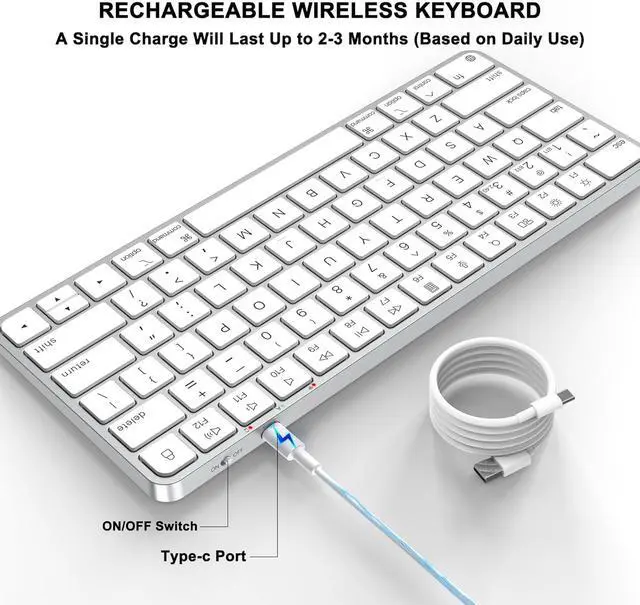 Alt view image 3 of 7 - Wireless Keyboard for Mac, Bluetooth/2.4G USB Dual-Channel Connection, Multi Device, Mini Size, Rechargeable Bluetooth Keyboard for Mac Compatible with iMac, iPad, iPhone, MacBook Air/Pro