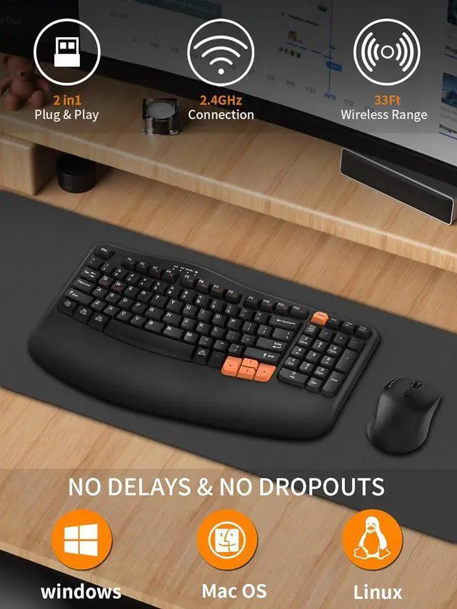 Alt view image 2 of 7 - Ergonomic Wireless Keyboard with Wrist Rest, Wave Keys for Comfortable Natural Typing, 2.4GHz Ergo Wireless Computer Keyboard for Windows, Mac OS Laptop/PC/Notebook (Black&Orange)