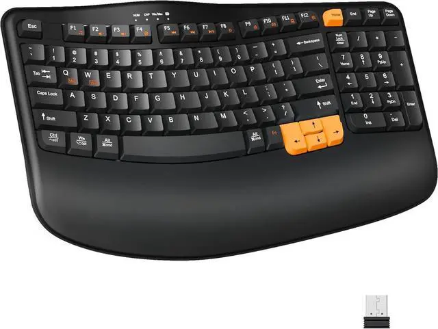 Main image of Ergonomic Wireless Keyboard with Wrist Rest, Wave Keys for Comfortable Natural Typing, 2.4GHz Ergo Wireless Computer Keyboard for Windows, Mac OS Laptop/PC/Notebook (Black&Orange)