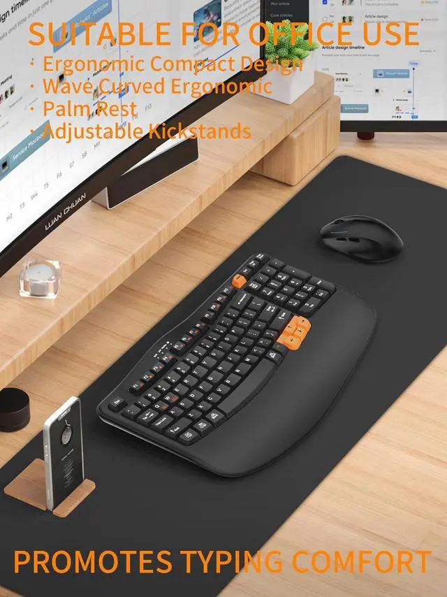 Alt view image 3 of 7 - Ergonomic Wireless Keyboard with Wrist Rest, Wave Keys for Comfortable Natural Typing, 2.4GHz Ergo Wireless Computer Keyboard for Windows, Mac OS Laptop/PC/Notebook (Black&Orange)