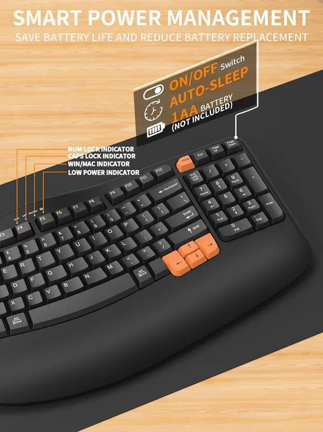 Alt view image 5 of 7 - Ergonomic Wireless Keyboard with Wrist Rest, Wave Keys for Comfortable Natural Typing, 2.4GHz Ergo Wireless Computer Keyboard for Windows, Mac OS Laptop/PC/Notebook (Black&Orange)