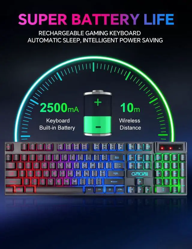 Alt view image 2 of 7 - CHONCHOW Wireless Gaming Keyboard, Rechargeable 104 Key Rainbow LED Light Up Keyboard for PC PS4 PS5 Xbox One Laptop, Teclado inalmbrico, Black (Wireless)