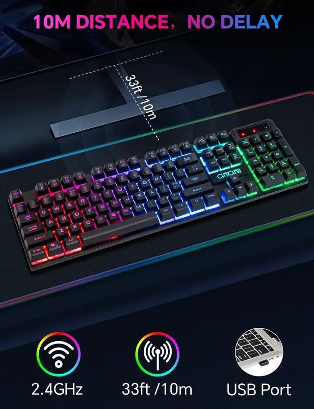 Alt view image 3 of 7 - CHONCHOW Wireless Gaming Keyboard, Rechargeable 104 Key Rainbow LED Light Up Keyboard for PC PS4 PS5 Xbox One Laptop, Teclado inalmbrico, Black (Wireless)