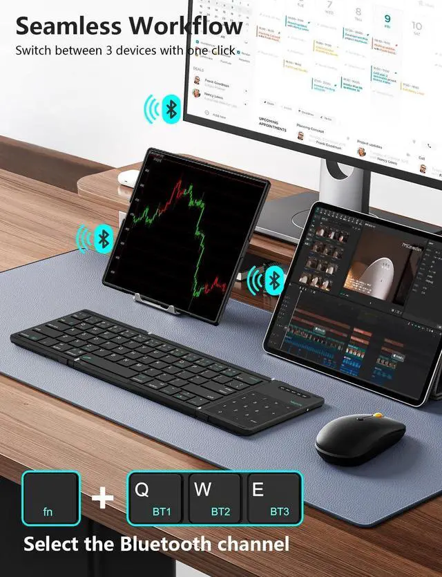 Alt view image 2 of 7 - Nillkin Foldable Bluetooth Keyboard with Touchpad & Number Pad, Portable Bluetooth Keyboard with Full Size Keys, Pocket-Sized Wireless Travel Keyboards for iPad, Smartphone, Tablet and Laptop Black