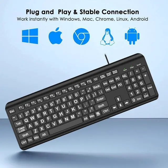 Alt view image 2 of 7 - Large Print Computer Keyboard, Wired USB Full Size Quiet Keyboard with 4X Oversized Print Letters for Visually Impaired Low Vision Individuals Easy to See and Type for PC, Laptop,Windows