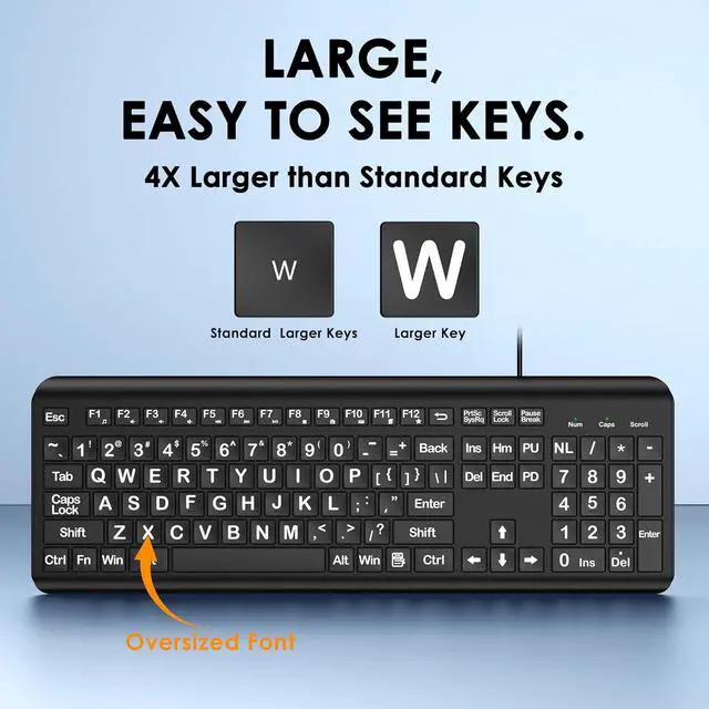 Alt view image 3 of 7 - Large Print Computer Keyboard, Wired USB Full Size Quiet Keyboard with 4X Oversized Print Letters for Visually Impaired Low Vision Individuals Easy to See and Type for PC, Laptop,Windows