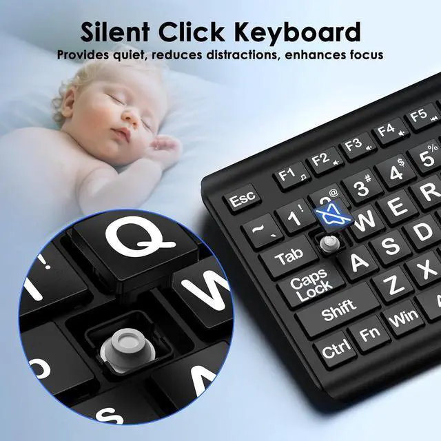 Alt view image 4 of 7 - Large Print Computer Keyboard, Wired USB Full Size Quiet Keyboard with 4X Oversized Print Letters for Visually Impaired Low Vision Individuals Easy to See and Type for PC, Laptop,Windows