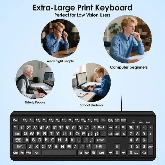 Alt view image 7 of 7 - Large Print Computer Keyboard, Wired USB Full Size Quiet Keyboard with 4X Oversized Print Letters for Visually Impaired Low Vision Individuals Easy to See and Type for PC, Laptop,Windows