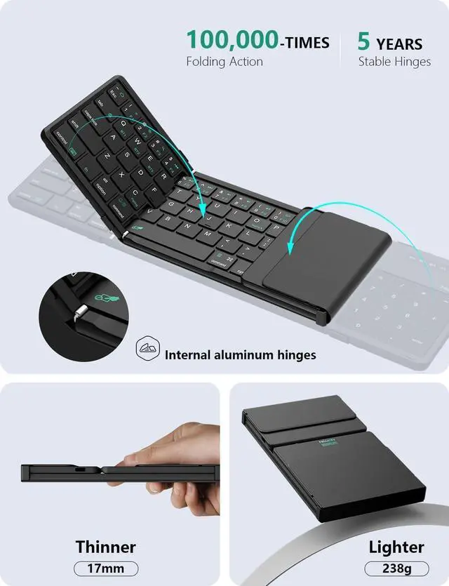 Alt view image 5 of 7 - Nillkin Foldable Bluetooth Keyboard with Touchpad & Number Pad, Portable Bluetooth Keyboard with Full Size Keys, Pocket-Sized Wireless Travel Keyboards for iPad, Smartphone, Tablet and Laptop Black