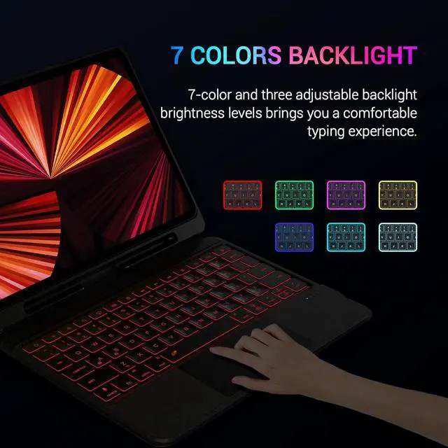 Alt view image 3 of 6 - Omikamo for iPad 9th 8th 7th 10.2" Generation Case with Computer Keyboard, 7 Color Backlit Magnetic Wireless Keyboard for iPad Air 3rd/Pro 10.5, Trackpad, Pen Holder, 2 Bluetooth Device Connect