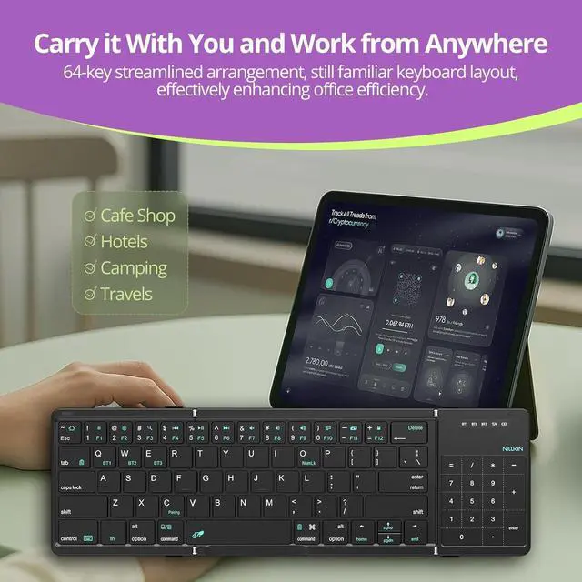 Alt view image 3 of 7 - Nillkin Pocket Foldable Keyboard with Touchpad & Wireless Bluetooth, Portable Travel Keyboard for Home or Mobile Office Replaces Keypads and Mouse Combo, Compatible with iPad, Laptop, Tablet - Black